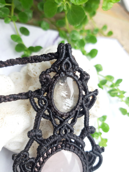 Rose Quartz & Golden Rutilated Quartz  Macrame Jewelry