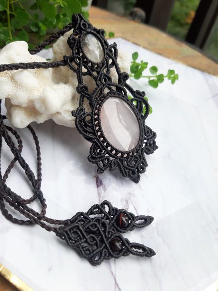 Rose Quartz & Golden Rutilated Quartz  Macrame Jewelry