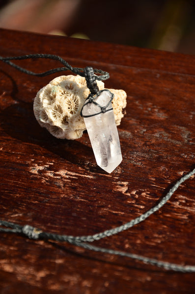 Raw Himalaya Quartz Crystal Macrame Pendant