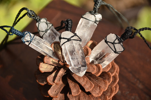 Raw Himalaya Quartz Crystal Macrame Pendant