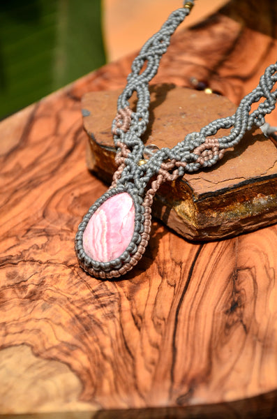 Rhodochrosite Necklace , Macrame jewelry