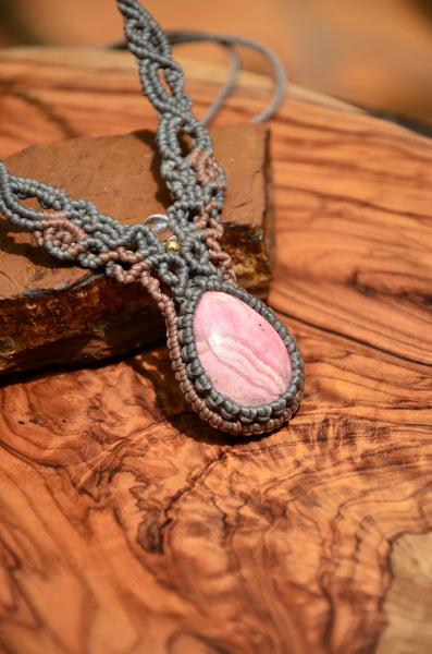 Rhodochrosite Necklace , Macrame jewelry