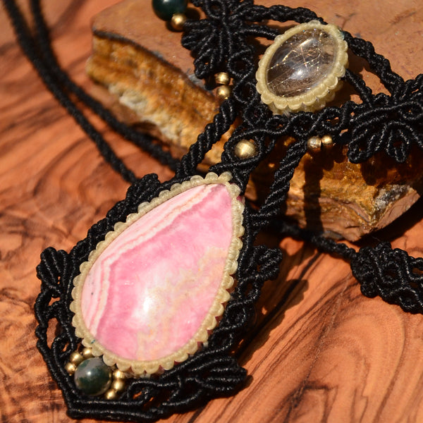 Rhodochrosite  Necklace , Macrame jewelry