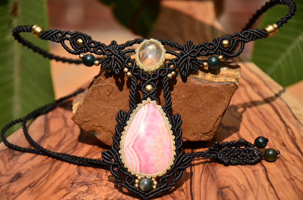 Rhodochrosite  Necklace , Macrame jewelry