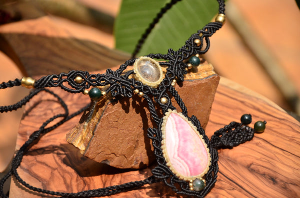 Rhodochrosite  Necklace , Macrame jewelry