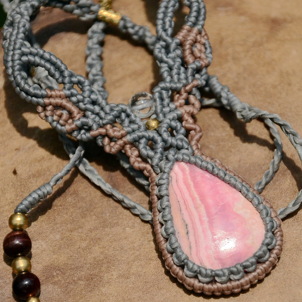 Rhodochrosite Necklace , Macrame jewelry