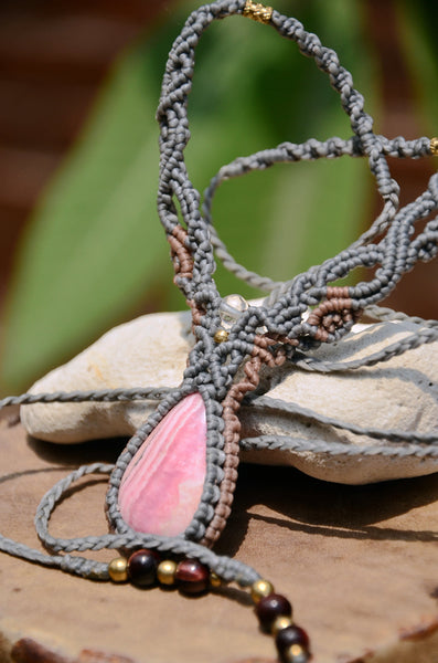 Rhodochrosite Necklace , Macrame jewelry