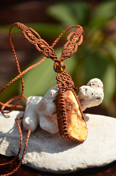 Raw Amber necklace, Macrame jewelry