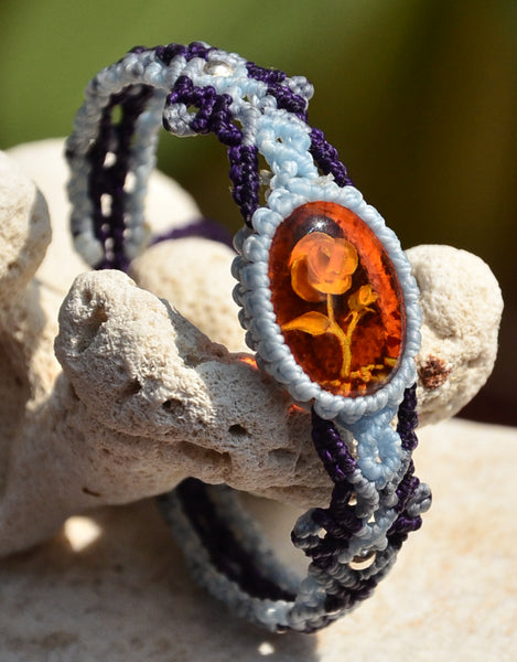 Hand Craved Amber bracelet, Macrame jewelry