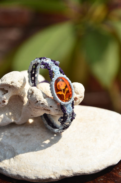 Hand Craved Amber bracelet, Macrame jewelry