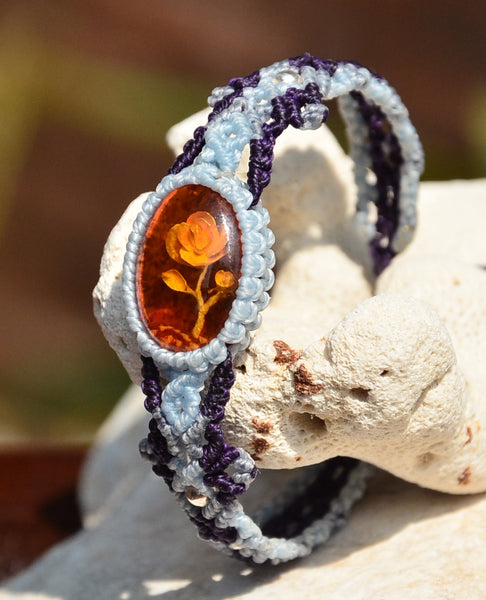 Hand Craved Amber bracelet, Macrame jewelry