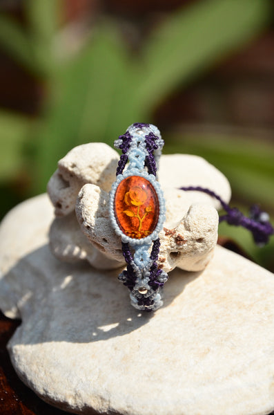 Hand Craved Amber bracelet, Macrame jewelry