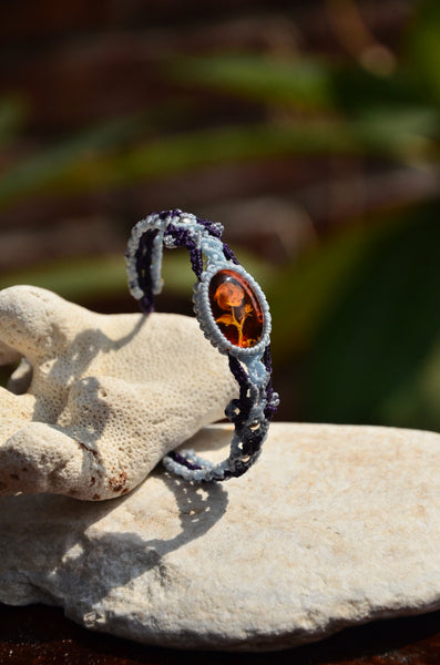 Hand Craved Amber bracelet, Macrame jewelry