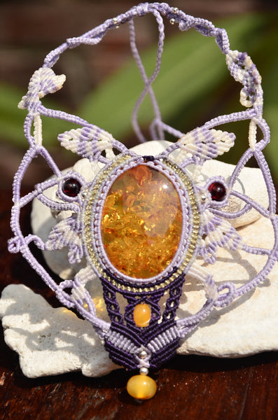 Sun Spangled Amber necklace, Macrame jewelry