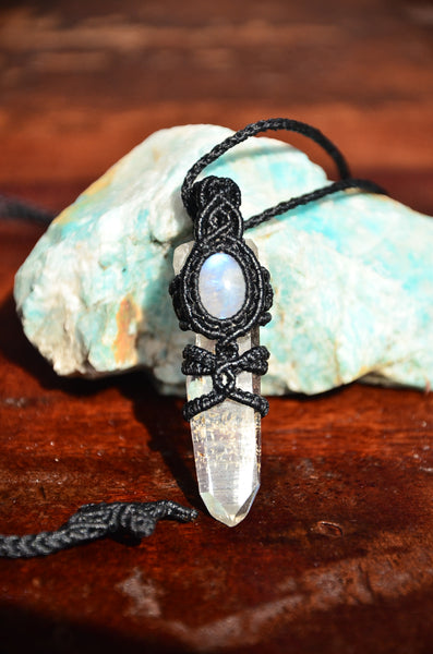 Bohemian Style, Clear Crystal & Moonstone macrame Pendant