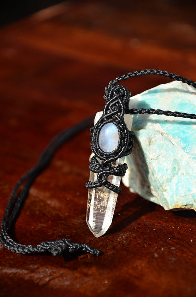 Bohemian Style, Clear Crystal & Moonstone macrame Pendant