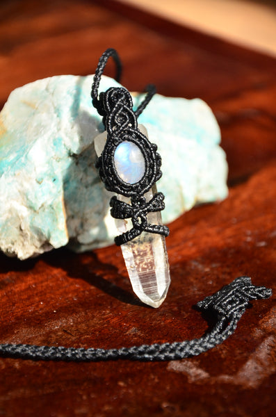 Bohemian Style, Clear Crystal & Moonstone macrame Pendant