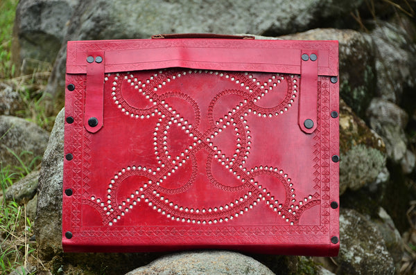 LeatherLaptop Case/Messenger Bag , Ethnic Red Hand stitched & Hole Punch, Vintage Style，   織途  ， Om Ethnic Handicraft , macrame