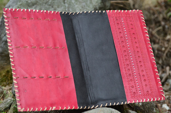 Leather Journal Cover / A4 Folder , Ethnic Red Hand stitched & Hole Punch Folder , Vintage Style，   織途  ， Om Ethnic Handicraft , macrame