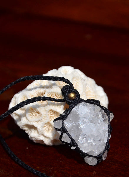 Raw Crystal, Clear Crystal Macrame Pendant