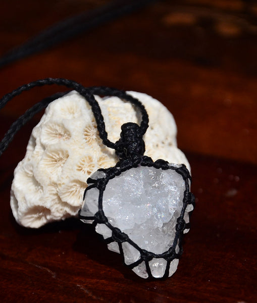 Raw Crystal, Clear Crystal Macrame Pendant