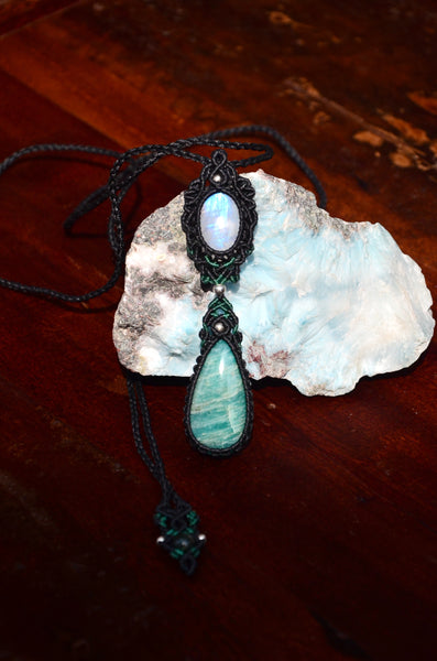 Moon stone & Amazonite Macrame Necklace