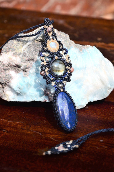 Lazurite necklace & labradorite & Moon stone Macrame Jewelry necklace