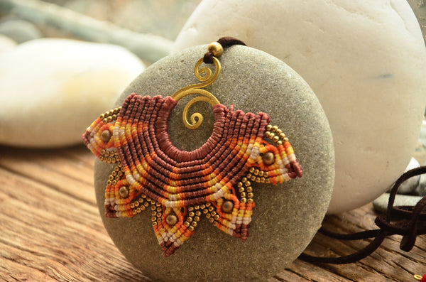 Mandala Orange Macrame Necklace/ Pendant，   織途  ， Om Ethnic Handicraft , macrame