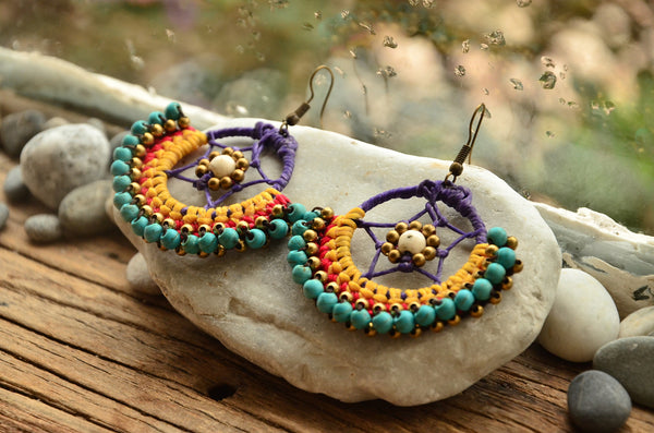 Dream Catacher Style Macrame Earrings，   織途  ， Om Ethnic Handicraft , macrame