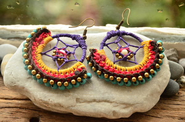 Dream Catacher Style Macrame Earrings，   織途  ， Om Ethnic Handicraft , macrame