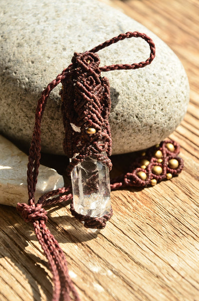 Bohemian Style, Clear Crystal & Moonstone Macrame Pendant，   織途  ， Om Ethnic Handicraft , macrame