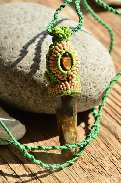 Bohemian Style, Tiger Eye & Pencil Crystal Macrame Pendant，   織途  ， Om Ethnic Handicraft , macrame