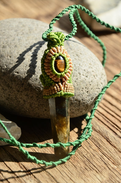 Bohemian Style, Tiger Eye & Pencil Crystal Macrame Pendant，   織途  ， Om Ethnic Handicraft , macrame