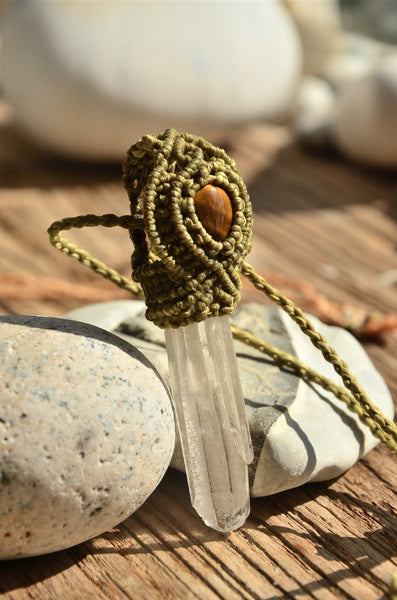 Bohemian Style, Clear Crystal & Tiger Eye Macrame Pendant，   織途  ， Om Ethnic Handicraft , macrame