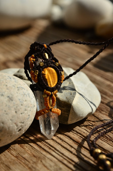 Bohemian Style, Raw Crystal & Tiger Eye Macrame Pendant，   織途  ， Om Ethnic Handicraft , macrame