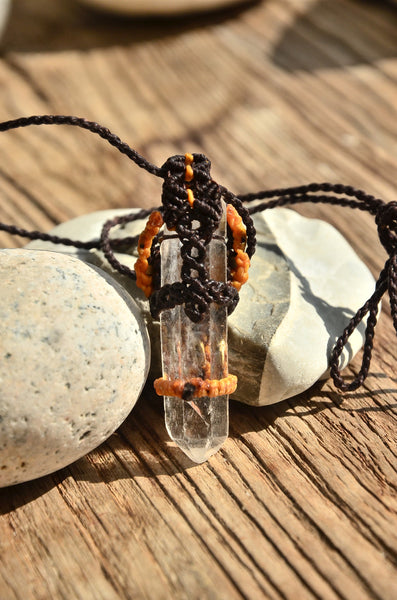 Bohemian Style, Raw Crystal & Tiger Eye Macrame Pendant，   織途  ， Om Ethnic Handicraft , macrame