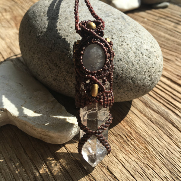 Bohemian Style, Clear Crystal & Moonstone Macrame Pendant，   織途  ， Om Ethnic Handicraft , macrame