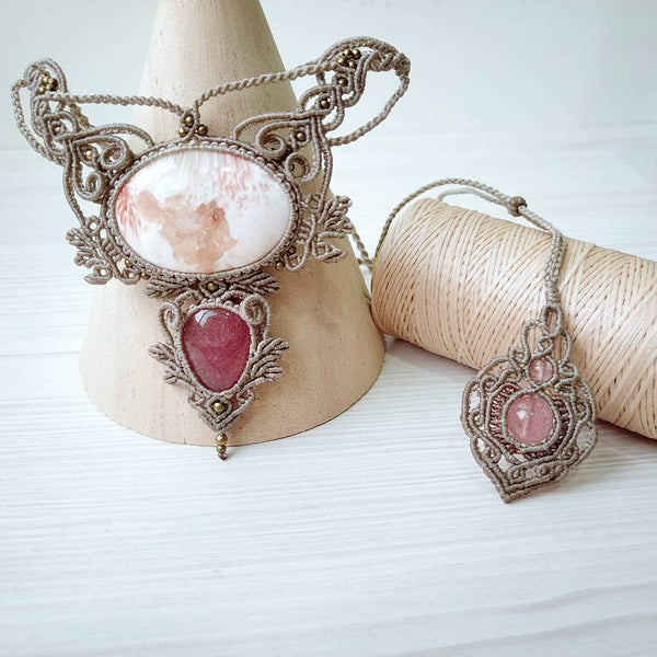 Scolecite & Strawberry Quartz Macrame Jewelry