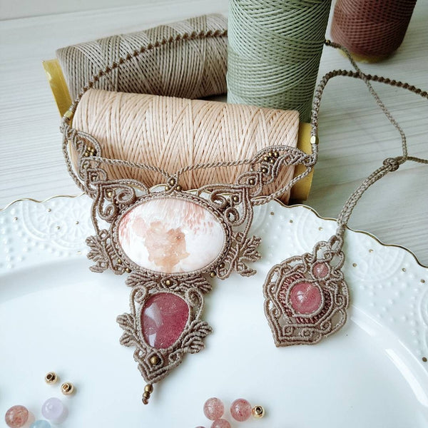 Scolecite & Strawberry Quartz Macrame Jewelry