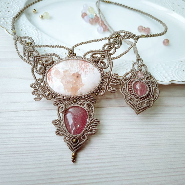 Scolecite & Strawberry Quartz Macrame Jewelry